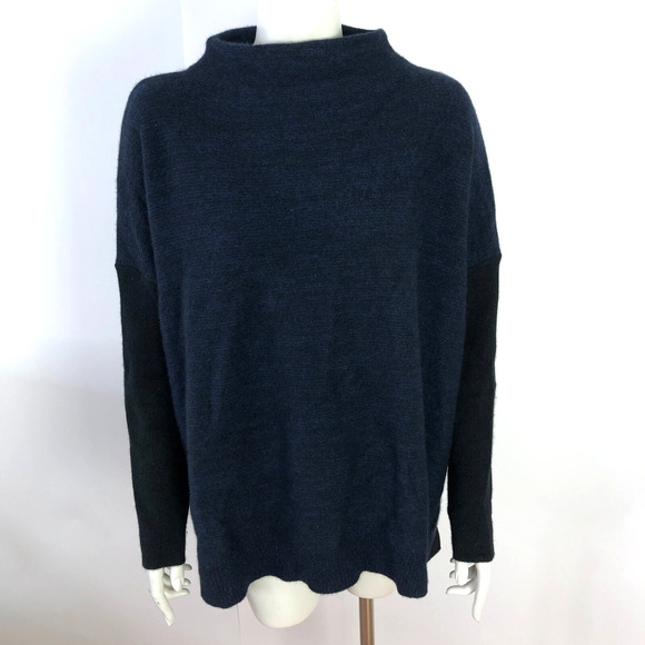 Forte Cashmere Large Drop Shoulder Mock Neck Pullover Sweater Blue Black MINT - Picture 1 of 14